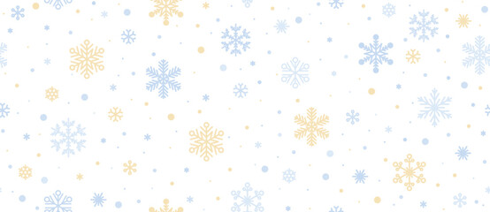 Snowflake pattern. Seamless Christmas gold blue white background.