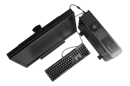 Black desktop computer with monitor and keyboard top view. Isolated png with transparency