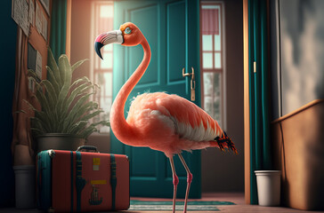 Pink flamingo with a packed suitcase ready to go on vacation. Generative ai - obrazy, fototapety, plakaty