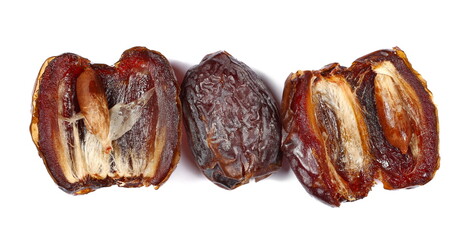 Fresh half date palm isolated on white, sweet fruit, top view