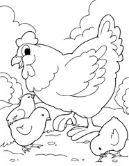 black and white coloring page hen in the farm with her chicks.vector illustration isolated on white background.