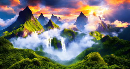 Fototapeta na wymiar Ai Digital Illustration Mystical Landscape With Waterfalls