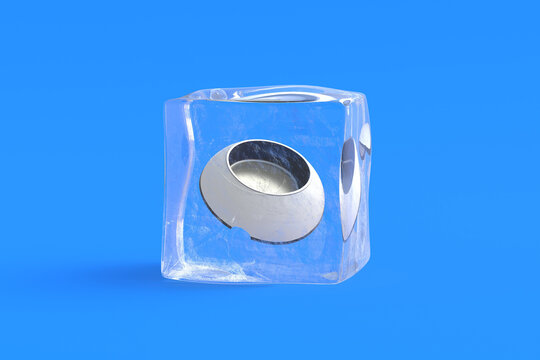 Bowl For Food Or Water For Pets In Ice Cube. 3d Illustration