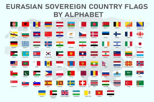 Set of flags of Europa and Asia countries in proportion 2:3 with names
