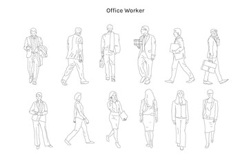 Business people line cad art. Vector illustration of business men and women standing walking talking working in front back and side view. Symbol for architecture and landscape design drawing.