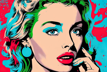 Pop art gorgeous girl shares rumors or secrets with the listener. Generative AI