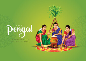 new illustration of Happy Pongal Holiday Harvest Festival of Tamil Nadu woman's making Pongal. vector background design - obrazy, fototapety, plakaty