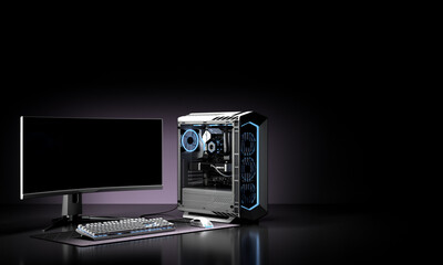 Computer Gaming PC on desk in dark room with neon Futuristic modern workplace © nosorogua
