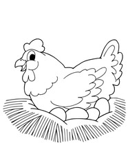 Vector illustration of hen and eggs  isolated on white background. For kids coloring book.

