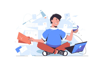Man meditation at work vector illustration. Zen and chilling. Man working on laptop in office. Guy at workplace works with documents flat style concept. Working day and paper work.