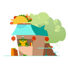 Obraz na płótnie Canvas vector illustration which depicts a seller, a crocodile chef and his shop of Latin American food