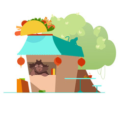 vector illustration which depicts a seller, a chef raccoon and his shop of Latin American food