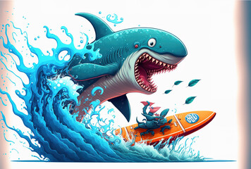Shark cartoon creature surfing with a doodle. Generative AI