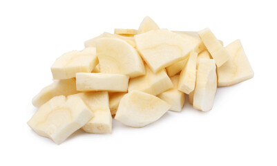 Pile of cut fresh parsnip on white background