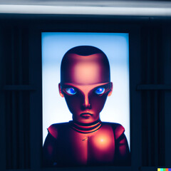 A futuristic cyborg poster hanging in a neon lit subway station