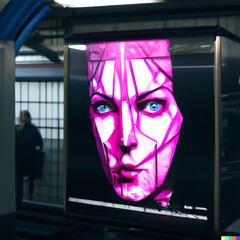 Fototapeta na wymiar A futuristic cyborg poster hanging in a neon lit subway station