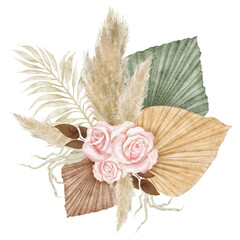 Watercolor boho tropical bouquet. Decorative dried flowers and plants composition. Pampas grass, monstera, palm leaf, pink rose. Isolated on background.
