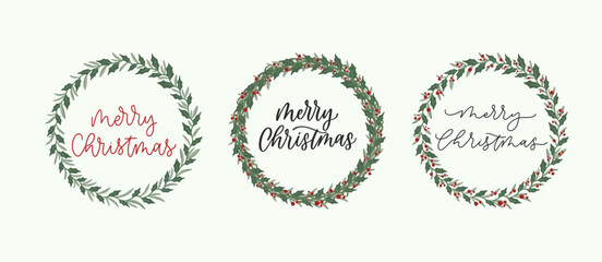 collection of Christmas wreaths and lettering typography greetings for Merry Christmas and winter holidays