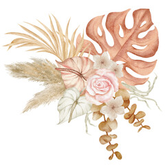 Watercolor boho tropical bouquet. Decorative dried flowers and plants composition. Pampas grass, monstera, palm leaf, pink rose. Isolated on background. © LuckPicture
