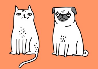Cat and dog illustration. Animals on salmon background. Minimalistic.