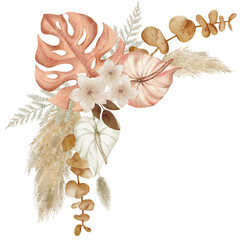 Watercolor boho tropical bouquet. Decorative dried flowers and plants composition. Pampas grass, monstera, palm leaf, pink rose. Isolated on background.