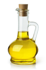 Delicious olive oil in a glass bottle, isolated on white background