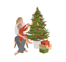 family, winter holidays and people concept - happy mother and little daughter decorating christmas tree at home.
White background
