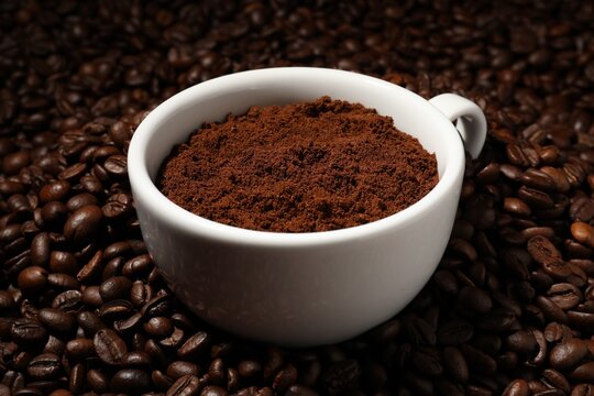 Cup with ground coffee on roasted beans, closeup