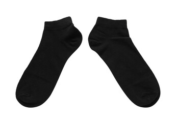 Pair of black socks on white background, top view