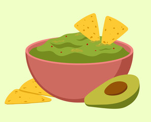 Guacamole In The Bowl With Avocado And Nachos Food Vector Illustration In Flat Style - obrazy, fototapety, plakaty