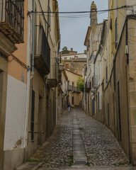 Old street with houses in the city of Plasencia, Caceres, Extremadura, Spain