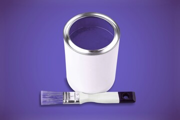 Paint brush with an open can of paint on trendy Very Peri background. Color of the year 2022 concept