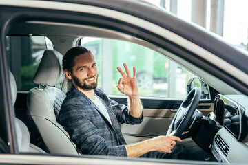Happy male owner of new car auto gesturing sign ok on camera. Handsome man sitting inside modern...