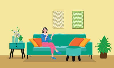 Living room interior. Comfortable sofa, and house plants. Vector flat illustration