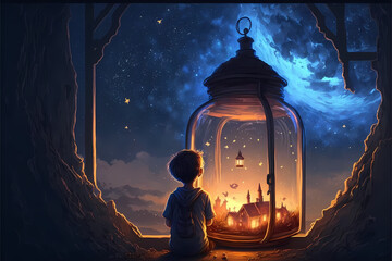 fantasy scene of the kid holding a lantern looking at the stars, illustration digital generative ai design art style
