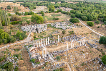 Obraz premium Ruins of the ancient city of Aphrodisias. (Afrodisias) was named after Aphrodite, the Greek goddess of love. The UNESCO World Heritage. Air view, Aydın-TURKEY