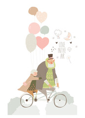 Elderly couple riding bicycle together. Old lady sits on back of cycle. Grandfather wheels grandmother on bicycle. Valentine s Card