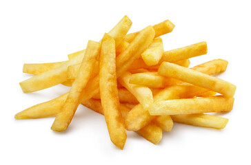 Delicious potato fries, isolated on white background