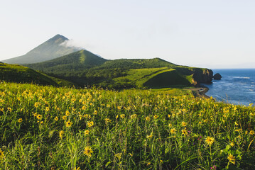 View of the mountains and the sea on the Sakhalin Peninsula.