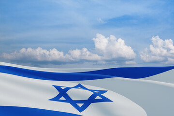 Israel flag with a star of David over cloudy sky background. Patriotic concept about Israel with...