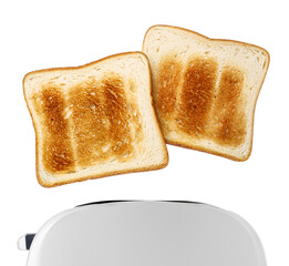 Roasted toasts popping out of a toaster, isolated on white background