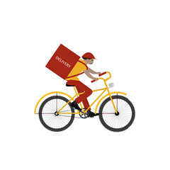 Fototapeta premium Delivering by bike. Courier by bicycle with food box. Online order and food express delivery concept. Delivery service concept. Yellow and red colors.
