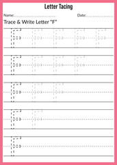 Alphabet letter tracing worksheet. writing a-z exercise. Letter Tracing F Worksheet. Activity for preschoolers and kindergarten kids. Tracing page. Practice sheet. English Alphabet training for kids.
