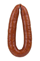 smoked sausage tied with a ring isolated from the background - obrazy, fototapety, plakaty