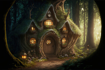 Fantasy woodland cabins and imaginary villages with fairies. Generative AI