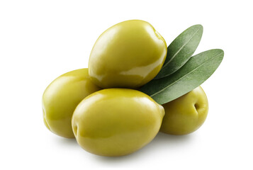 Delicious green olives with leaves, isolated on white background - obrazy, fototapety, plakaty