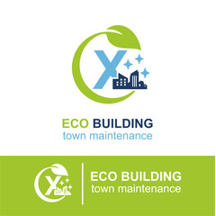 Initial X Letter Eco Building Town Maintenance Building Exterior Company Logo Design Idea Template. Home and Building Cleaning Service