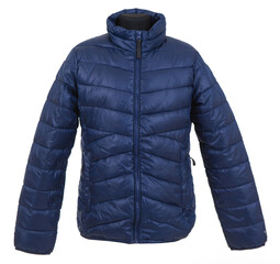 Stylish winter clothes. Unisex blue jacket isolated on white background