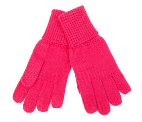 Pink knitted gloves isolated on white background.