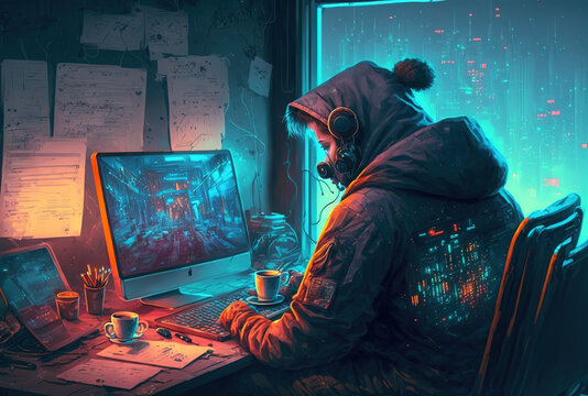 Programmers work from home offices and write code on computers for mobile applications. Generative AI